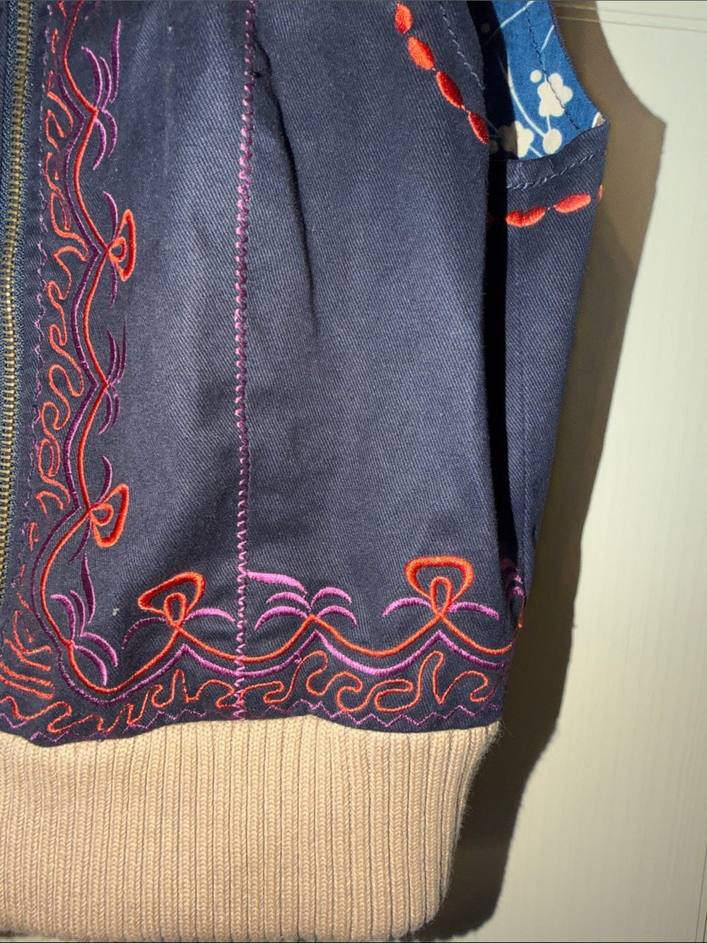 Free People Navy Embroidered Hooded Vest with Tan Sherpa - Picture 4 of 6